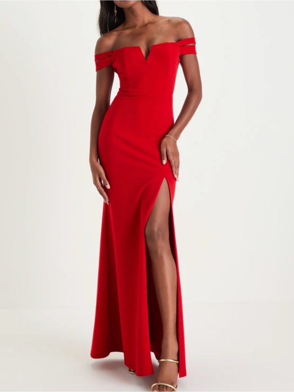 Lulus Off-Shoulder Red Evening Gown with Side Slit